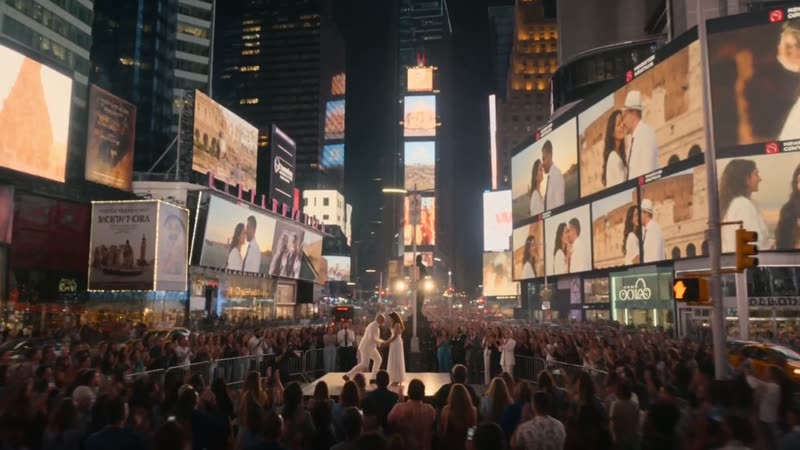 Steve et Asnath dansent au milieu de la foule à Times Square, leur image sur les écrans géants