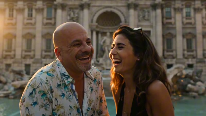 Steve et Asnath éclatent de rire devant la fontaine de Trevi